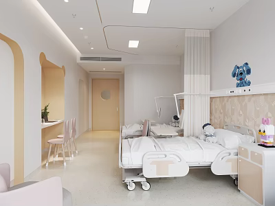 Warm Pediatric Outpatient Clinic Room With Hospital Bed And Cartoon Decor 3d model