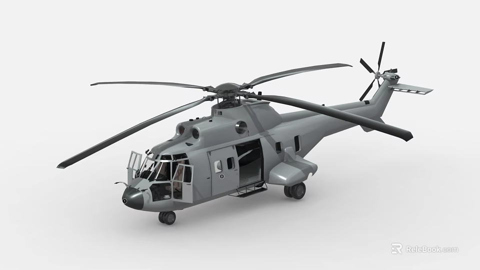Gray Military Transport Helicopter with Open Side Door Main Rotors and Tail Rotor 3d model 