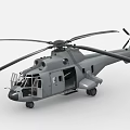 Gray Military Transport Helicopter with Open Side Door Main Rotors and Tail Rotor