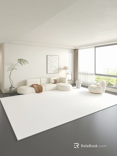 Modern Minimalist Living Room With Curved White Sofa Green Plant Large Windows And Abstract Painting 3d model 