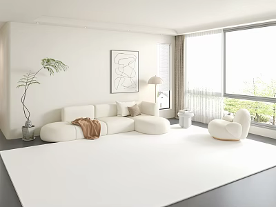 Modern Minimalist Living Room With Curved White Sofa Green Plant Large Windows And Abstract Painting 3d model