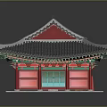 Ancient Architectural Structure With Curved Gray Tile Roof Red Columns Green Decorations