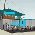 Outdoor Public Building With Gray Roof Glass Structure Green Tree And Crowded People Area