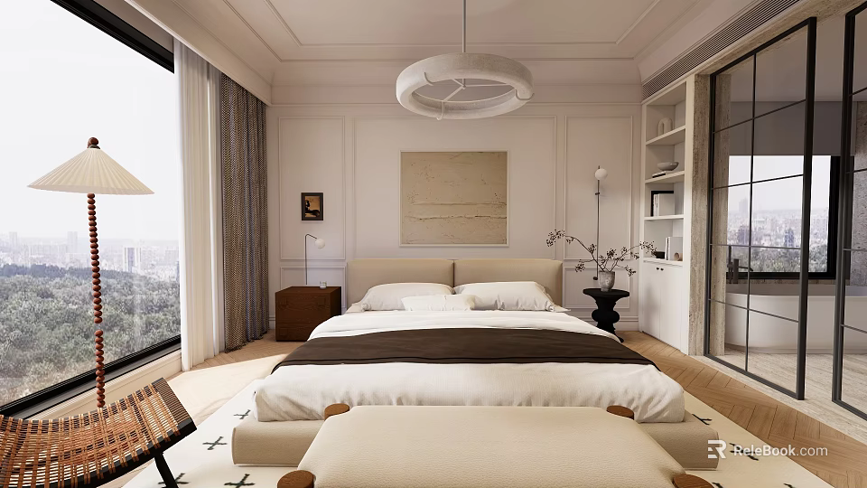 Modern Bedroom Interior With Large Bed Bench Wall Art And City View Window 3d model 