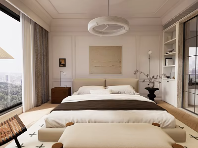 Modern Bedroom Interior With Large Bed Bench Wall Art And City View Window 3d model