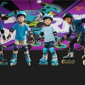 Group Of Kids Roller Skating In Indoor Rink Wearing Helmets And Knee Pads
