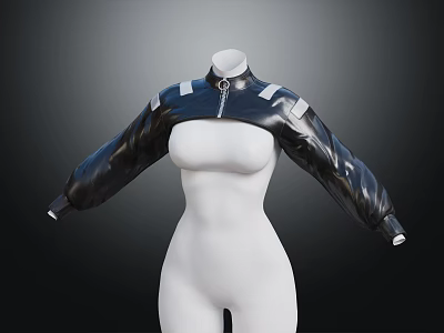 Black Leather Jacket With Zipper Closure White Shoulder Stripes And Long Sleeves 3d model