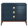Modern Minimalist Navy Blue Bedside Table With Three Gold Ring Handles And Wooden Legs