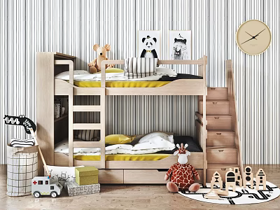 Wooden Bunk Bed in Kids Room With Ladder Stairs Storage Drawers and Stuffed Animals 3d model