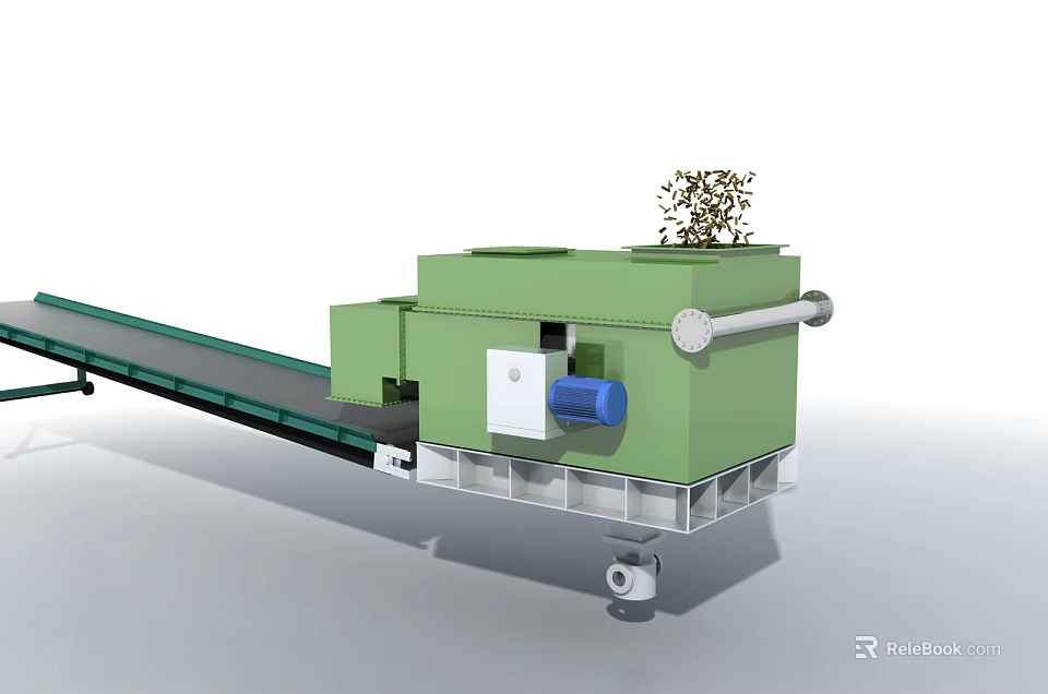 Green Industrial Equipment With Conveyor Belt Blue Component And Wheels For Material Processing 3d model 