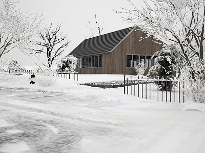 Snowy Winter Landscape With Wooden House Snow Covered Trees Road And Fence 3d model