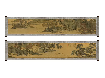 Traditional Chinese Landscape Painting Scroll With Mountains Trees And Architecture 3d model