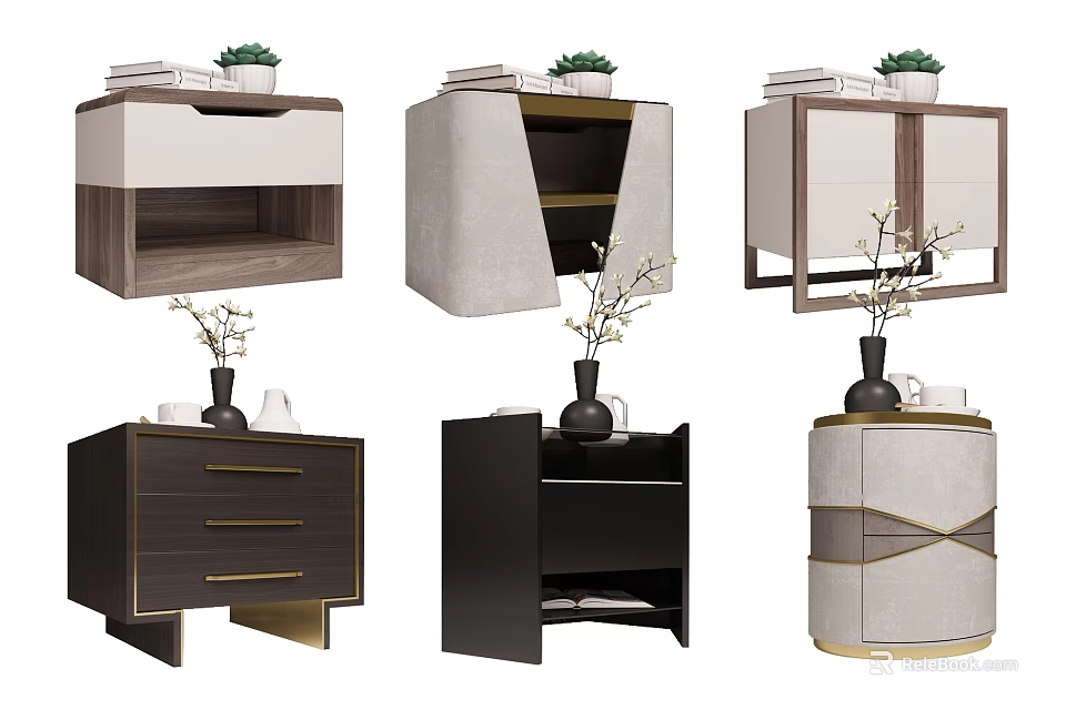 Modern Elegant Bedside Tables Featuring Wooden Fabric Designs And Decorative Vases Plants 3d model 