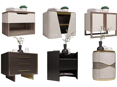 Modern Elegant Bedside Tables Featuring Wooden Fabric Designs And Decorative Vases Plants 3d model