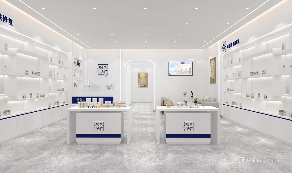Modern Beauty Salon Interior With White Display Shelves Counters And Skincare Products 3d model 