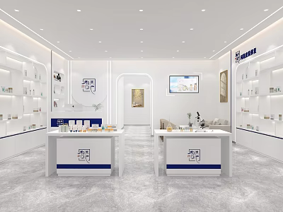 Modern Beauty Salon Interior With White Display Shelves Counters And Skincare Products 3d model