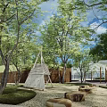 Scenic Park Landscape With Modern Curved Slide Lush Trees And Clear Blue Sky