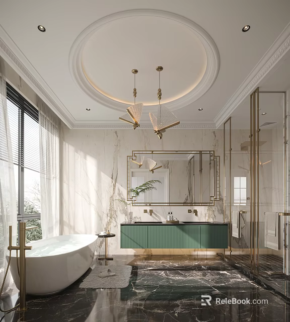Elegant Bathroom Interior with Gold Pendants Large Mirror Green Vanity White Bathtub and Marble Walls 3d model 