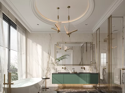 Elegant Bathroom Interior with Gold Pendants Large Mirror Green Vanity White Bathtub and Marble Walls 3d model