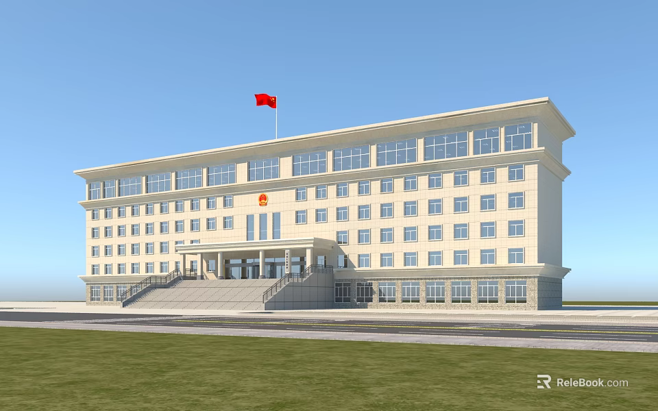 White Multi Story Office Building With Red Flag Emblem Steps And Large Windows 3d model 