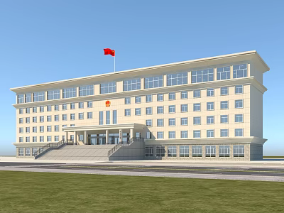White Multi Story Office Building With Red Flag Emblem Steps And Large Windows 3d model
