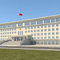 White Multi Story Office Building With Red Flag Emblem Steps And Large Windows