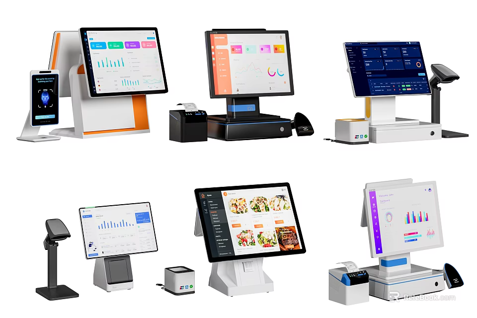 Modern Commercial Equipment With POS Systems Touchscreen Displays Cash Registers And Payment Devices 3d model 