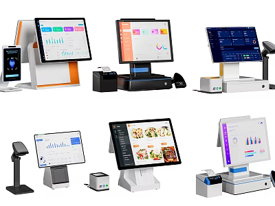 Modern Commercial Equipment With POS Systems Touchscreen Displays Cash Registers And Payment Devices 3d model