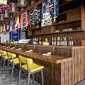 Japanese Restaurant Interior With Wooden Bar Counter Yellow Chairs Hanging Lanterns And Decorative Wall Flags