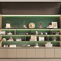 Modern Decorative Cabinet With Green Vertical Striped Backdrop And Shelves Displaying Vases Plates Books