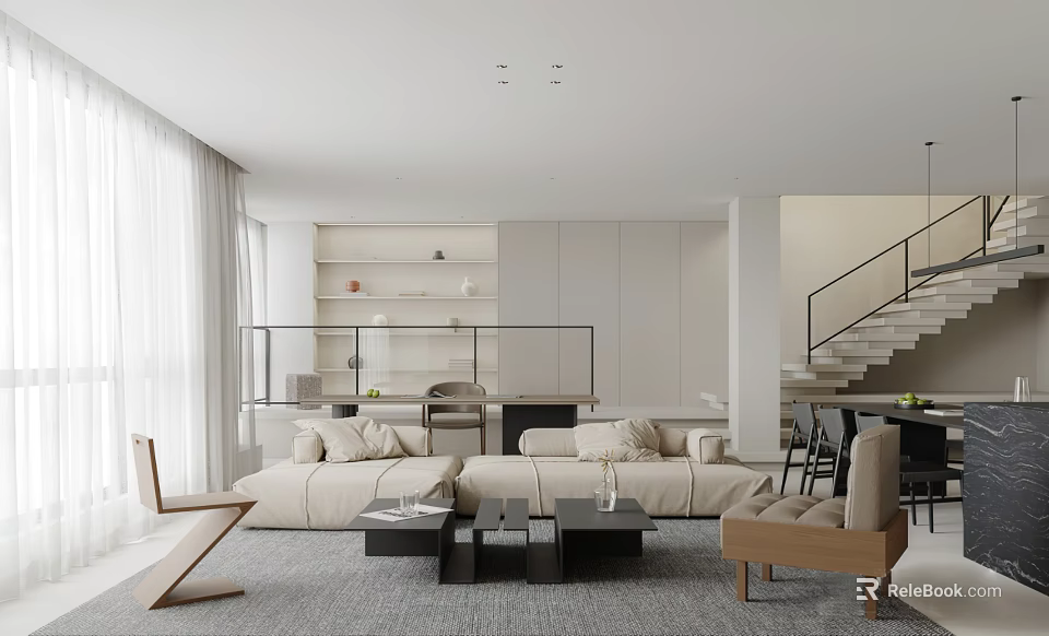 Modern Living Dining Room Interior With Sofa Coffee Table And Dining Chairs 3d model