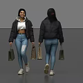 Women Wearing Black Puffer Jacket White Hoodie Blue Jeans And White Sneakers With Shopping Bags