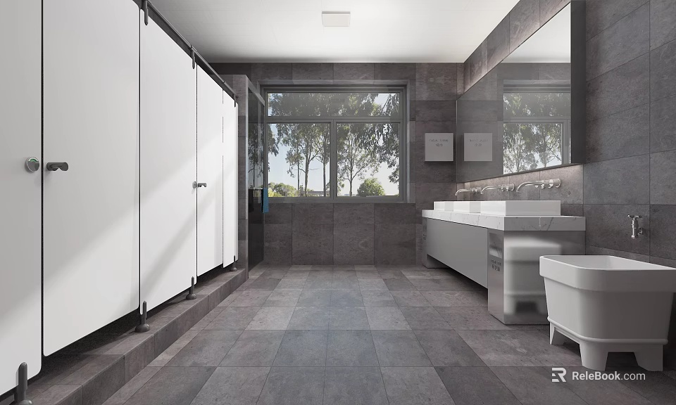 Public Restroom With White Stalls Gray Walls Large Window Sink Counter And Mirror 3d model 