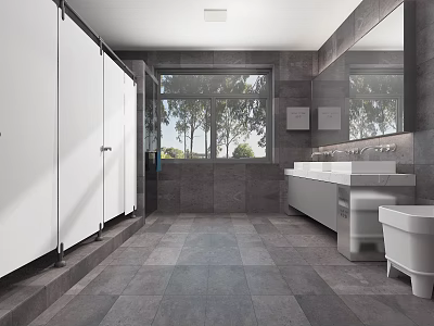 Public Restroom With White Stalls Gray Walls Large Window Sink Counter And Mirror 3d model