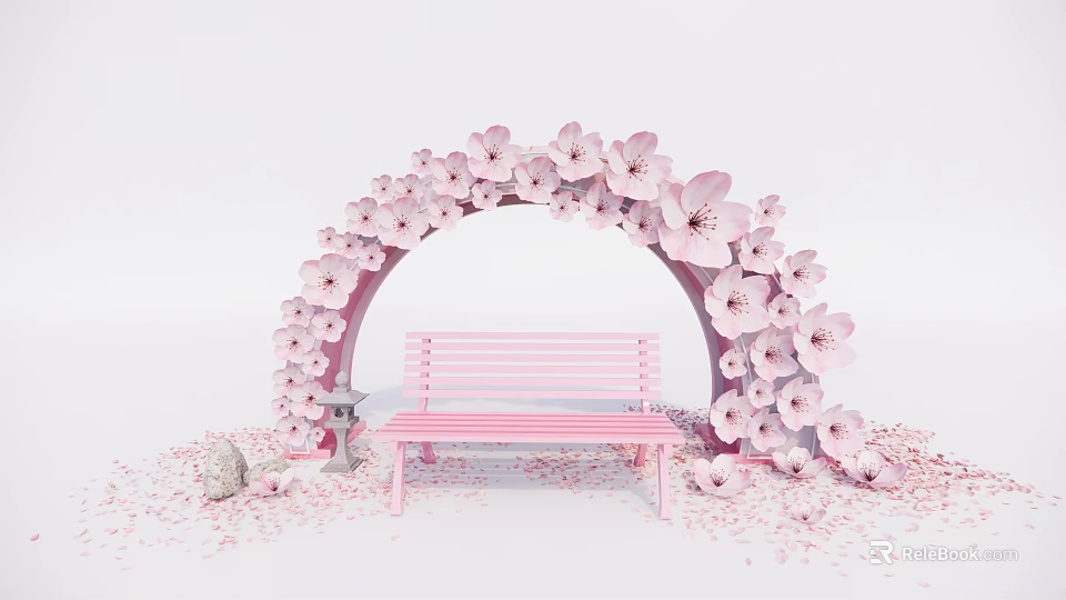 Floral Installation With Pink Flower Arch And Pink Bench With Scattered Petals 3d model 