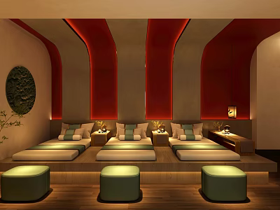 Elegant Spa Sauna Lounge With Comfortable Beds Green Stools And Warm Lighting 3d model