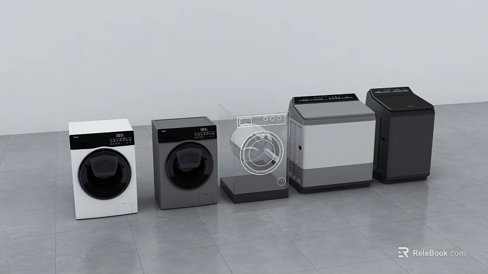 Different Style Washing Machines With Modern Designs And Various Exterior Colors 3d model 