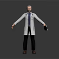 Professional Male Doctor Character In White Lab Coat Holding Folder Standing Against Gray Background