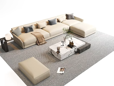 Modern Beige Sofa And Coffee Table Set With Cushions Blanket Marble Top Ottoman Living Room 3d model