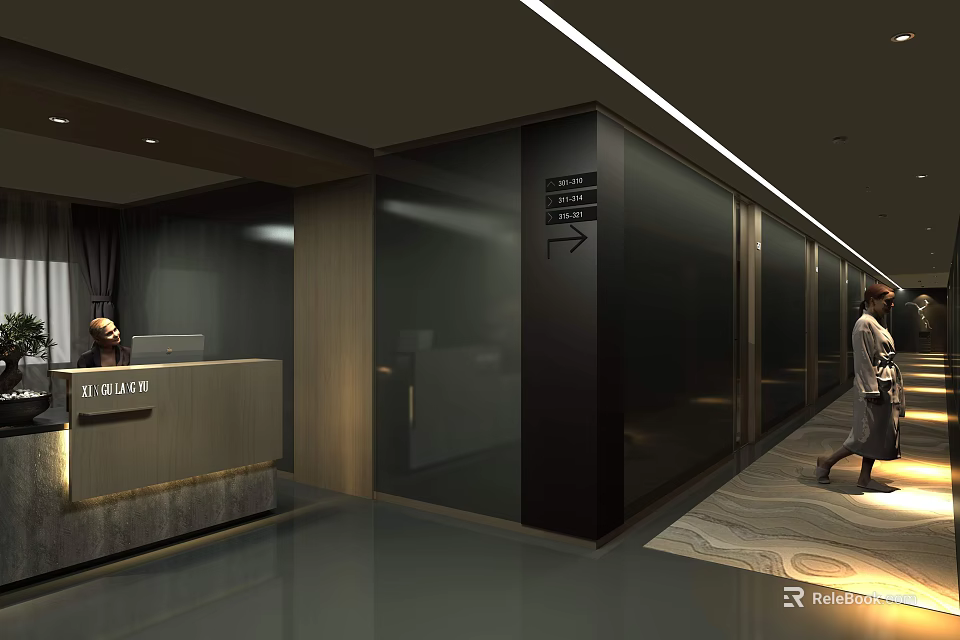 Modern Hotel Corridor With Glass Partitions Reception Desk Directional Signs And Warm Lighting 3d model 