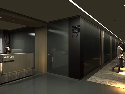 Modern Hotel Corridor With Glass Partitions Reception Desk Directional Signs And Warm Lighting 3d model