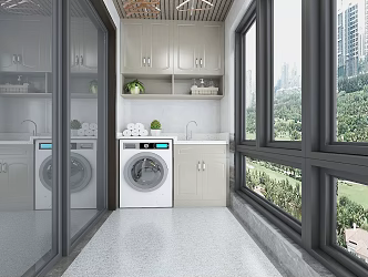Jane European Balcony Laundry Cabinet Laundry Room High and Low Laundry Cabinet Washing Machine Clothes Rack Balcony Storage Cabinet 3d model