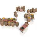 Beautiful Countryside Landscape With Colorful Fruit Baskets And Wooden Tables