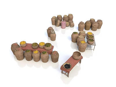 Beautiful Countryside Landscape With Colorful Fruit Baskets And Wooden Tables 3d model