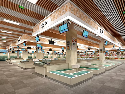 Modern Supermarket Grocery Section With Fresh Produce Counters Ceiling Screens And Bright Design 3d model