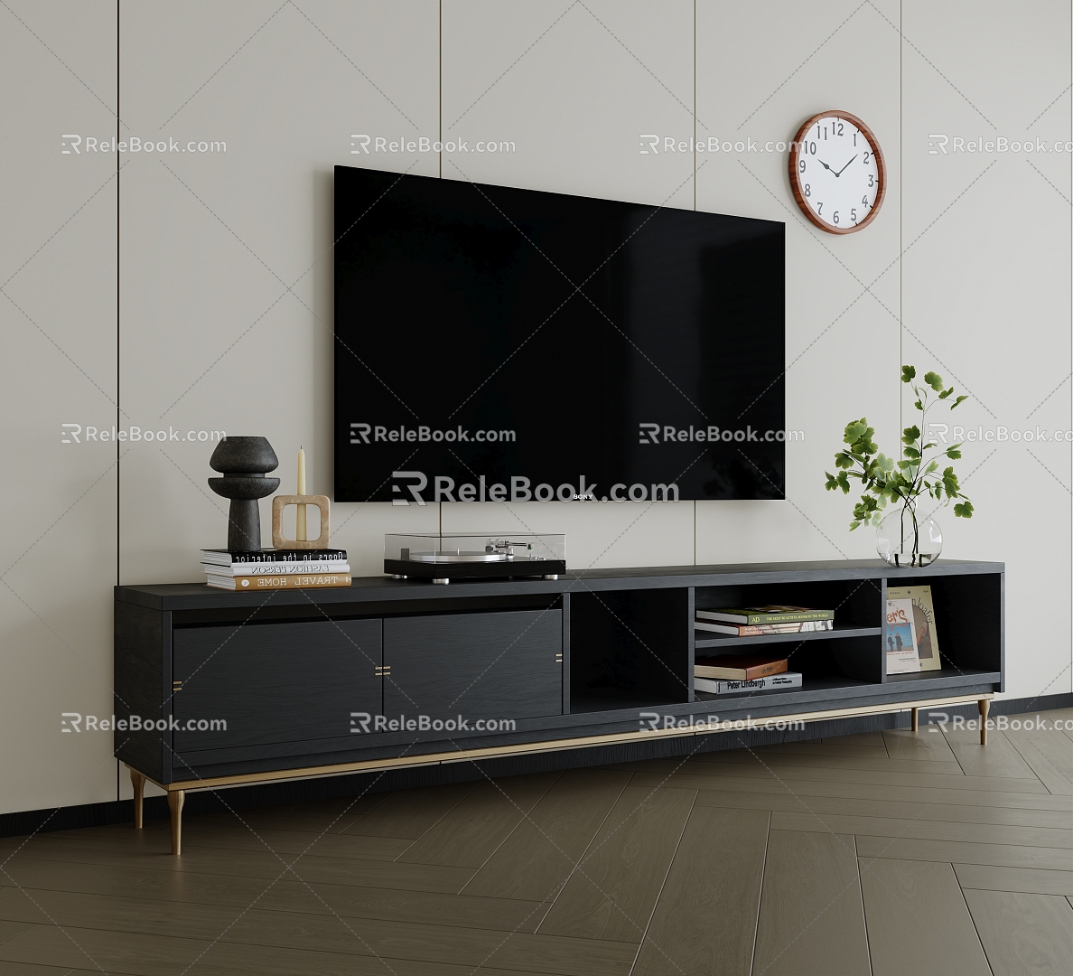 Modern TV Cabinet Black TV Cabinet Solid Wood TV Cabinet Vase Flower Decoration TV Book Decoration Clock 3d model