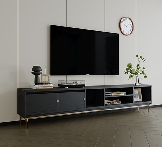 Modern TV Cabinet Black TV Cabinet Solid Wood TV Cabinet Vase Flower Decoration TV Book Decoration Clock 3d model