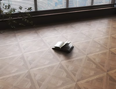 Patterned Wooden Flooring In Bright Interior With Book And Plant 3d model