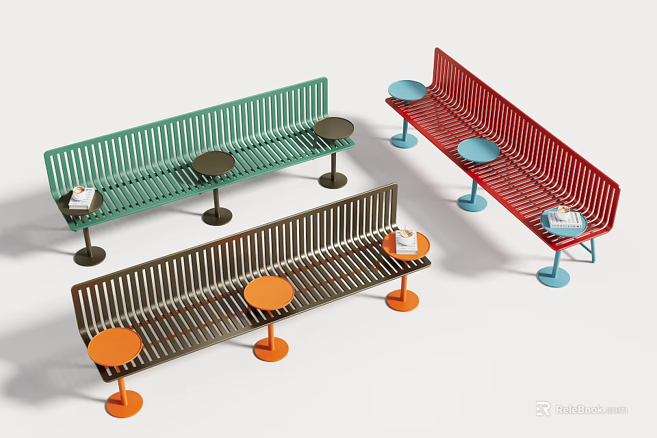 Modern Multicolor Striped Metal Outdoor Chair Sets With Matching Round Side Tables For Public Places 3d model 
