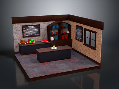Cafe Display Model Interior With Counter Shelves Menu Board Coffee Cups And Brick Wall 3d model
